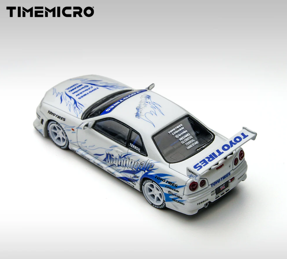 PREORDER Time Micro 1:64 Nissan Skyline GT-R R34 "Drift Flame" (White)
