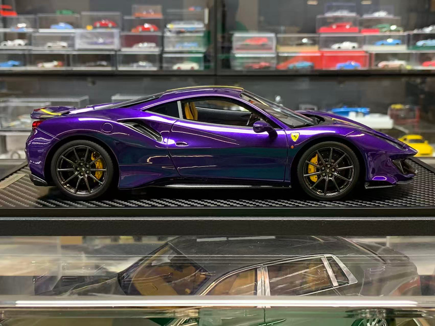 BBR 1:18 Ferrari 488 Pista (Purple Al Humaid with Yellow/Black Stripe)