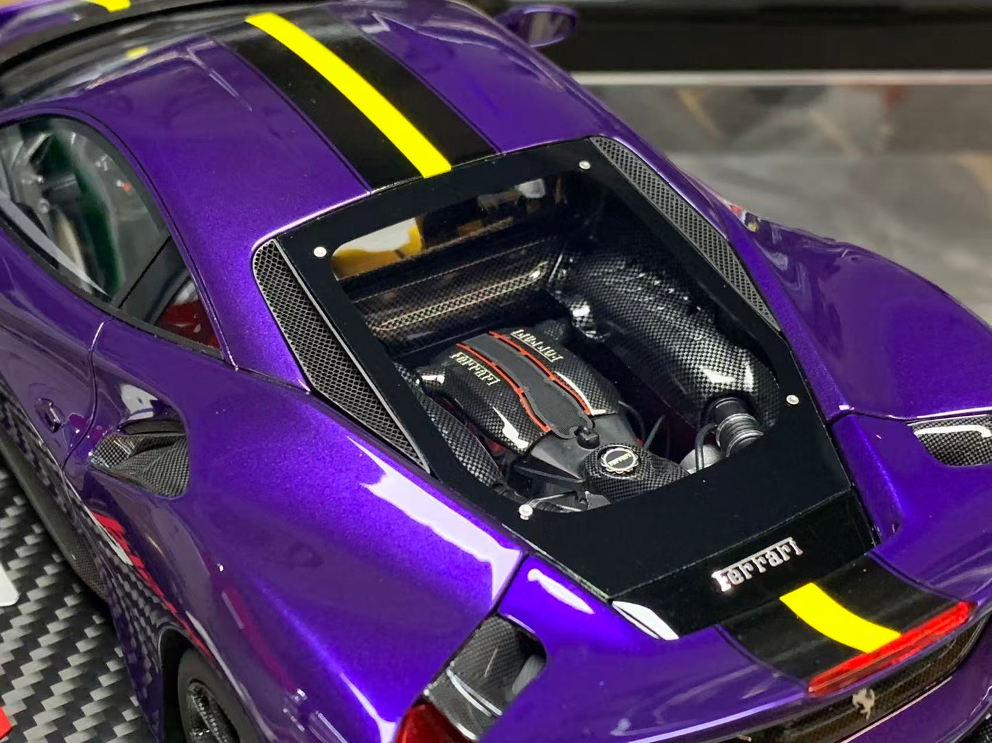 BBR 1:18 Ferrari 488 Pista (Purple Al Humaid with Yellow/Black Stripe)