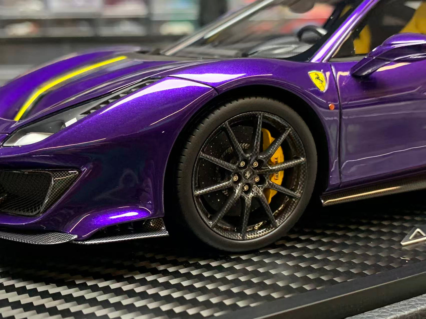 BBR 1:18 Ferrari 488 Pista (Purple Al Humaid with Yellow/Black Stripe)