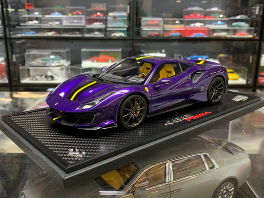 BBR 1:18 Ferrari 488 Pista (Purple Al Humaid with Yellow/Black Stripe)