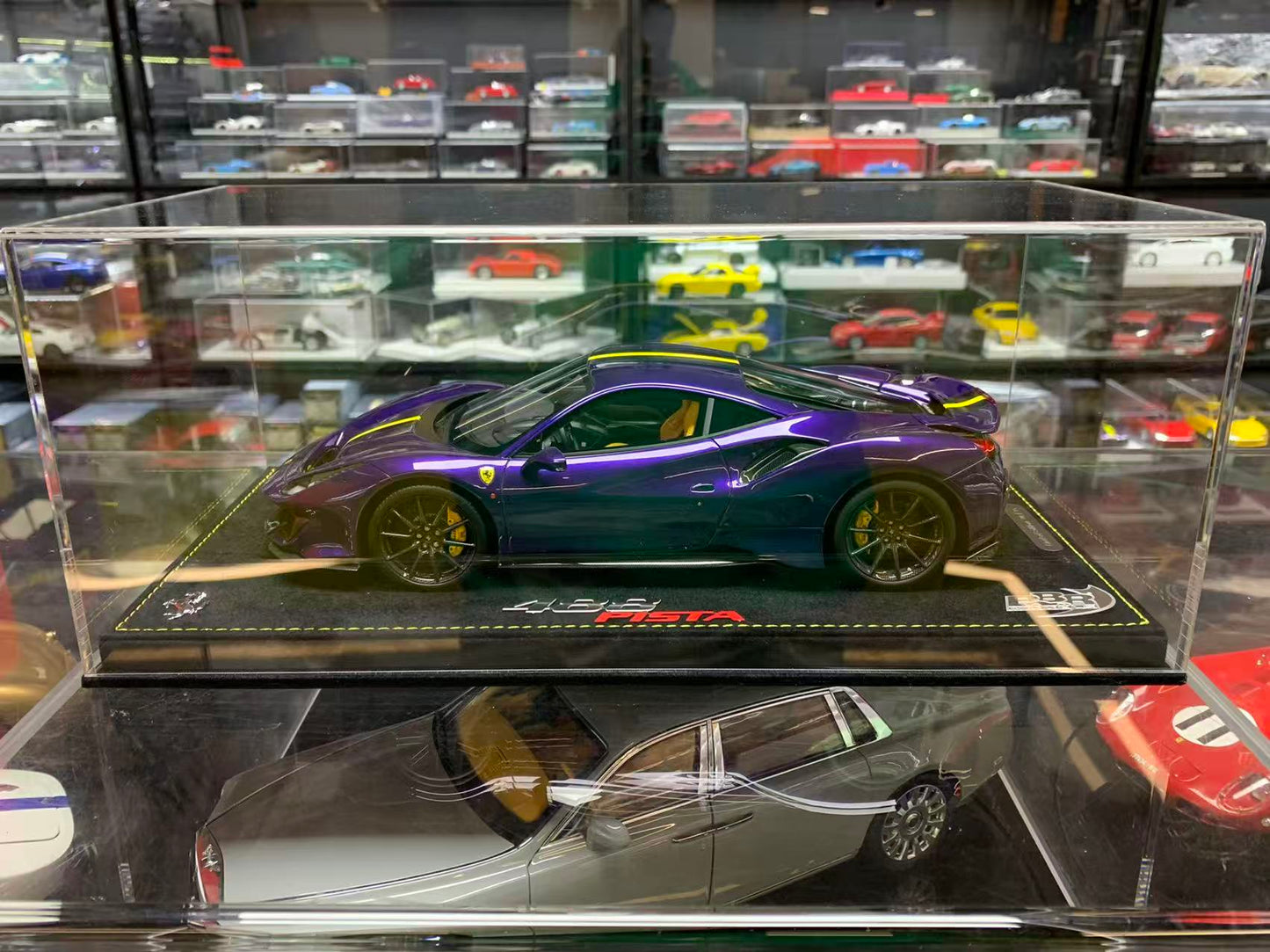 BBR 1:18 Ferrari 488 Pista (Purple Al Humaid with Yellow/Black Stripe)