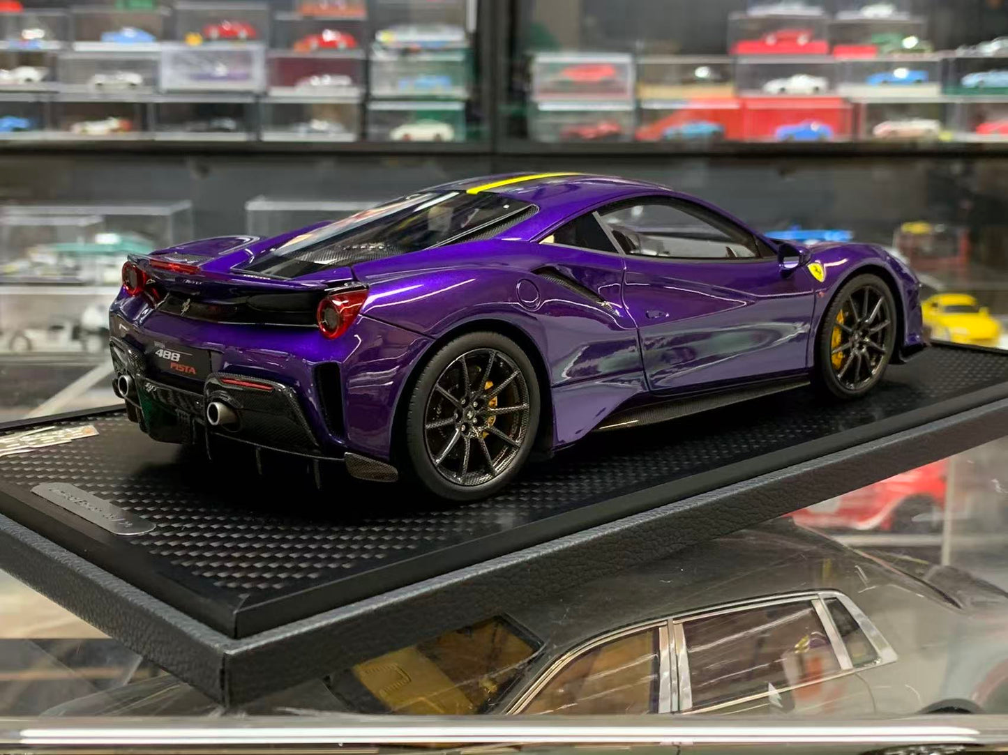 BBR 1:18 Ferrari 488 Pista (Purple Al Humaid with Yellow/Black Stripe)