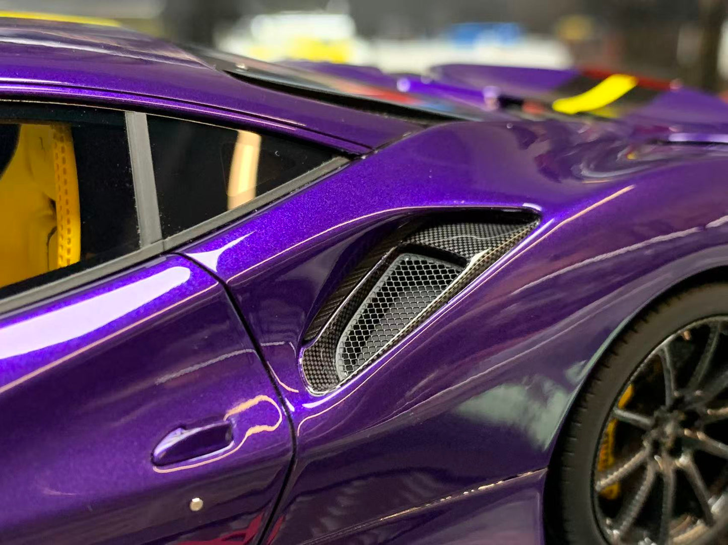 BBR 1:18 Ferrari 488 Pista (Purple Al Humaid with Yellow/Black Stripe)