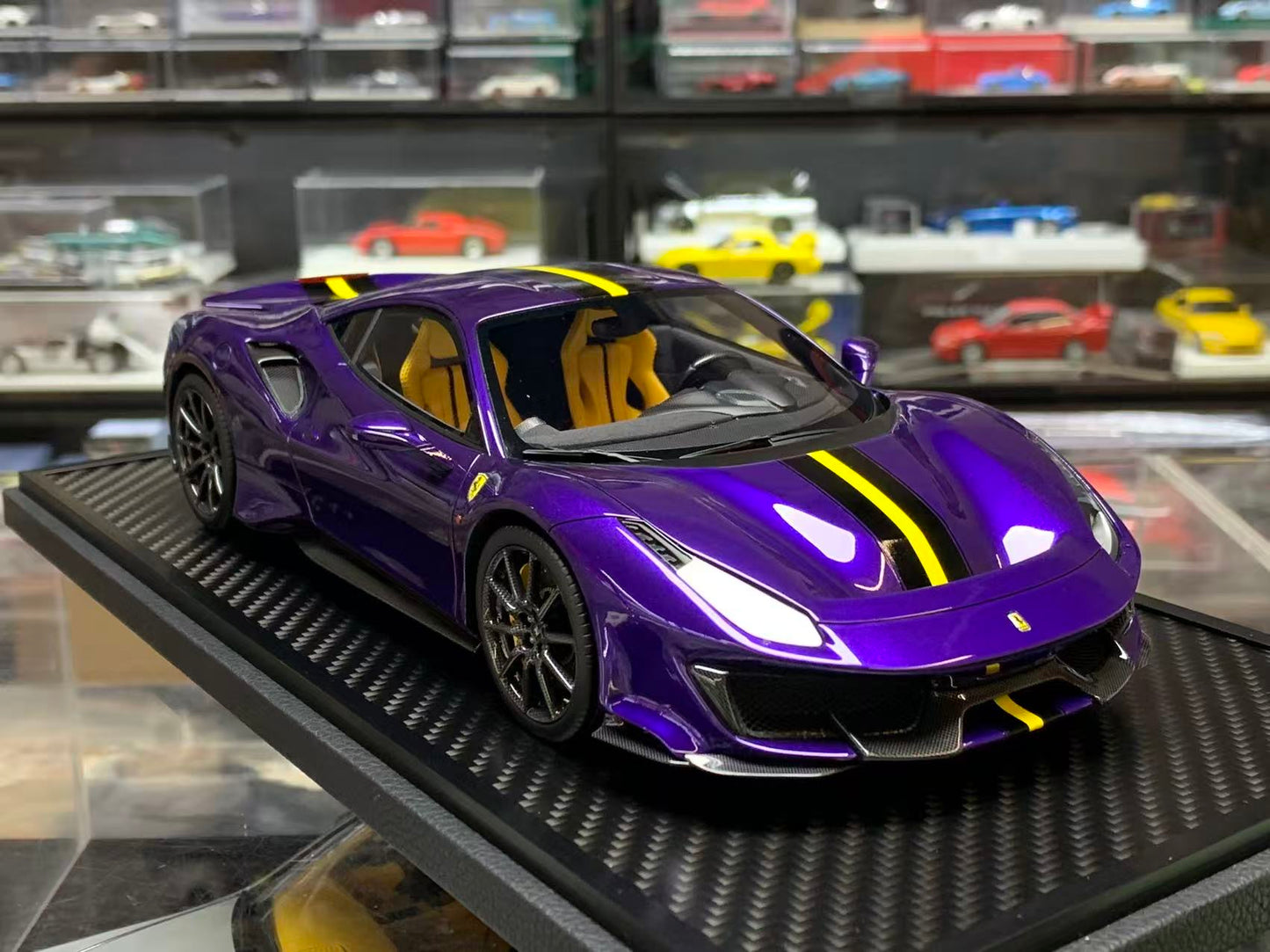 BBR 1:18 Ferrari 488 Pista (Purple Al Humaid with Yellow/Black Stripe)