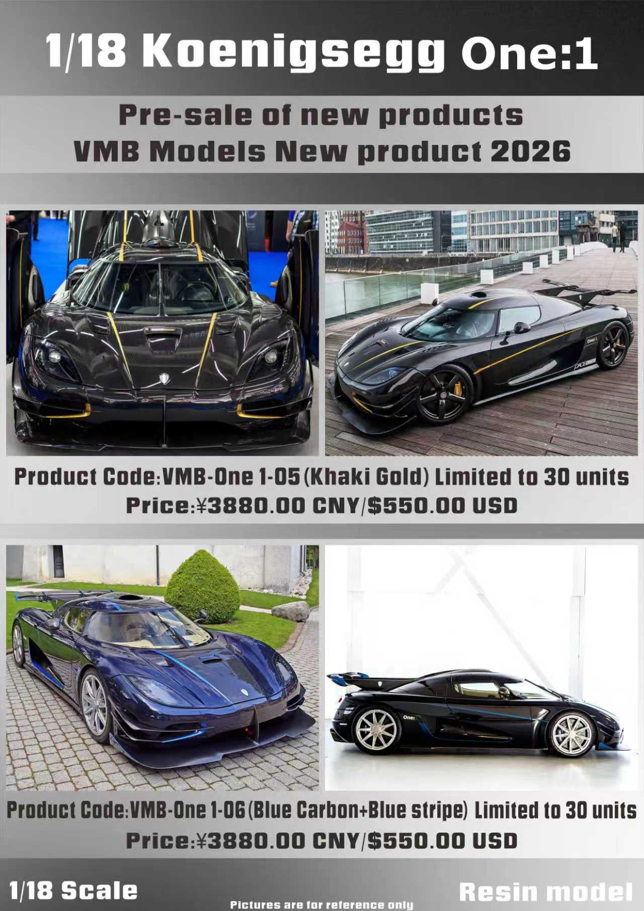 PREORDER VMB 1:18 Koenigsegg One:1 (Khaki Gold/Blue Carbon-Blue Stripe)